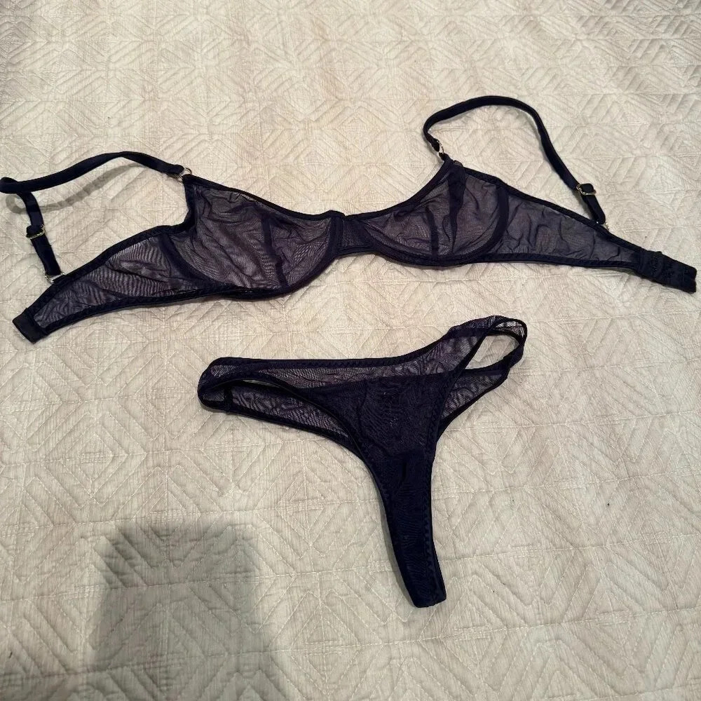 New Navy Blue Rosemary Bra And Panties Matching Set, Marie Mur, 34d And S